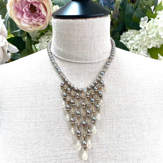 Christian Dior Frosted Glass and Faux Pearl Fringed Bib Necklace
