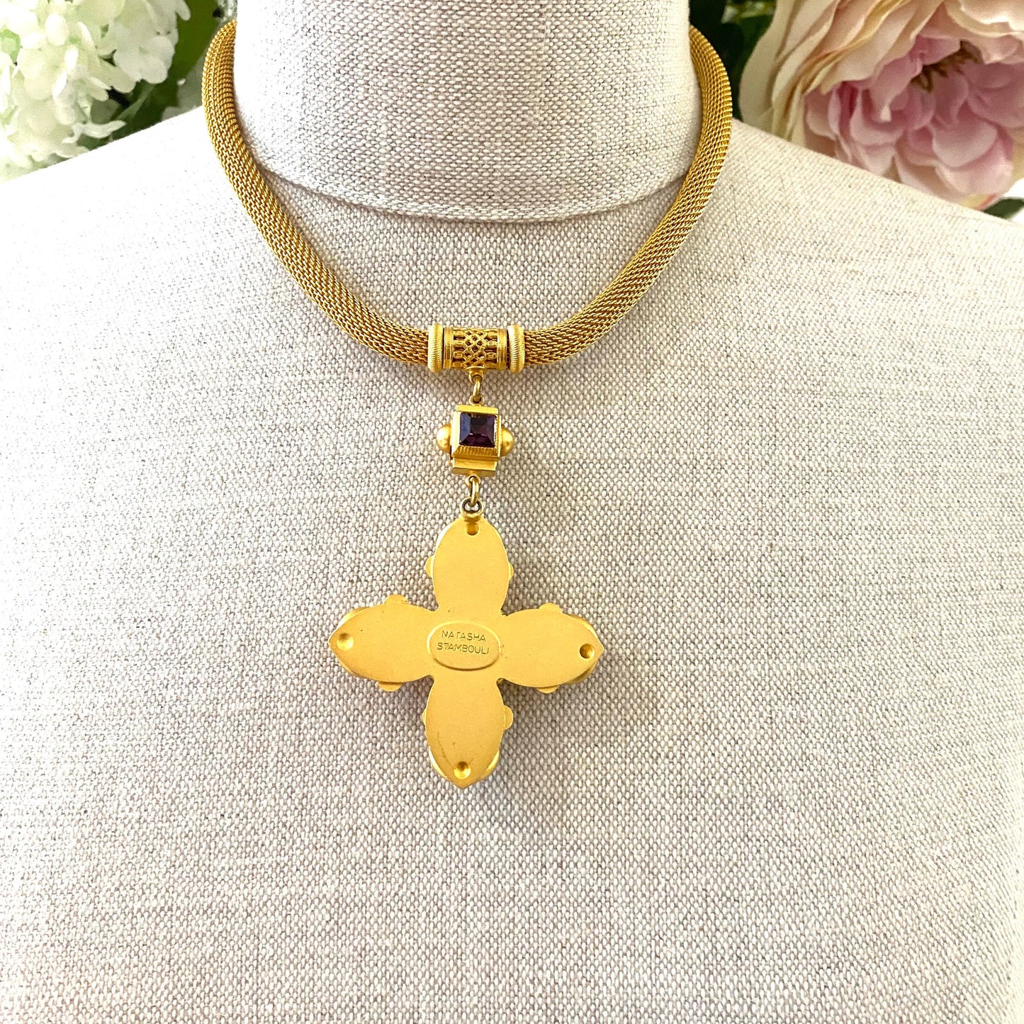 Natasha Stambouli Atelier 24ct Gold Plated Semi Precious Jewelled Maltese Cross Necklace
