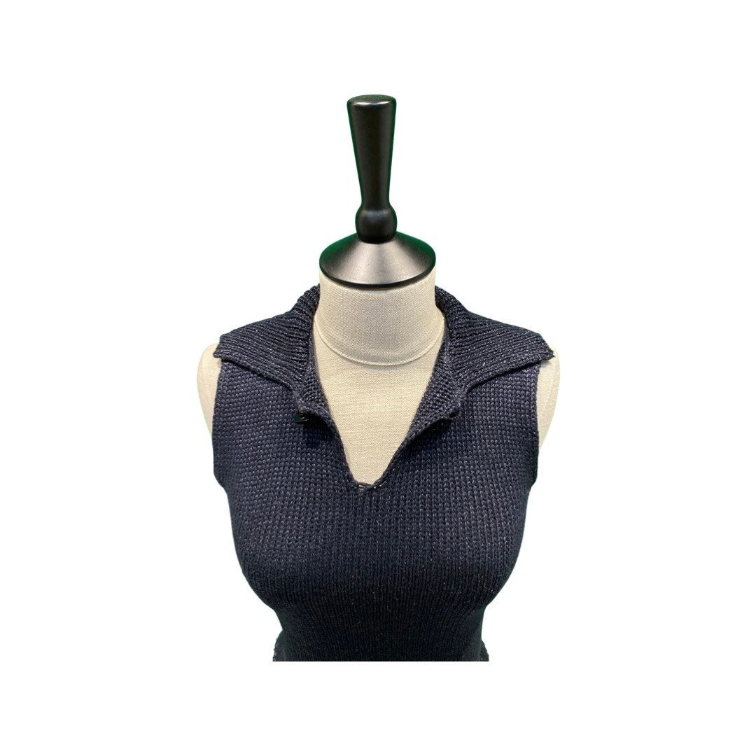 Chanel 2000 Transition Collection navy silk mix sleeveless top with single button to the wide collared neckline