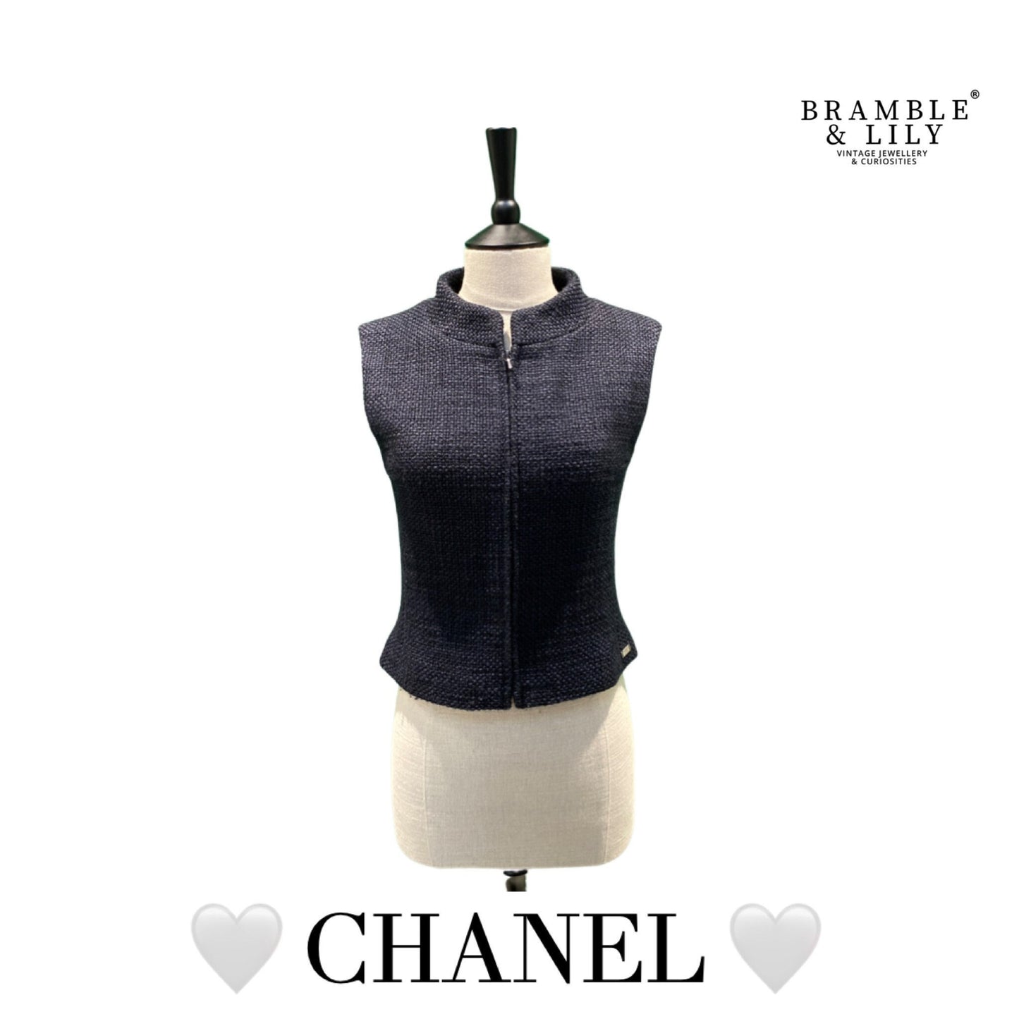 Chanel Made In France 2000 Autumn Collection Navy Wool Mix Sleeveless Zipped Waistcoat/Gilet UK Size 6
