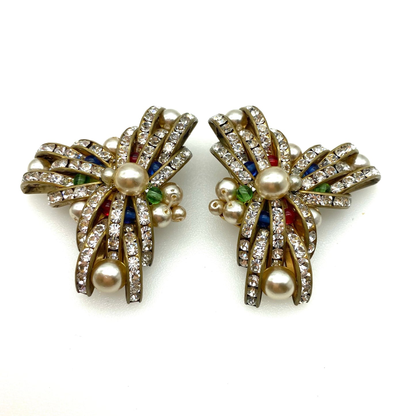 Art Deco Huge Channel Set Crystal Clip On Earrings with Glass Beads and Faux Pearls