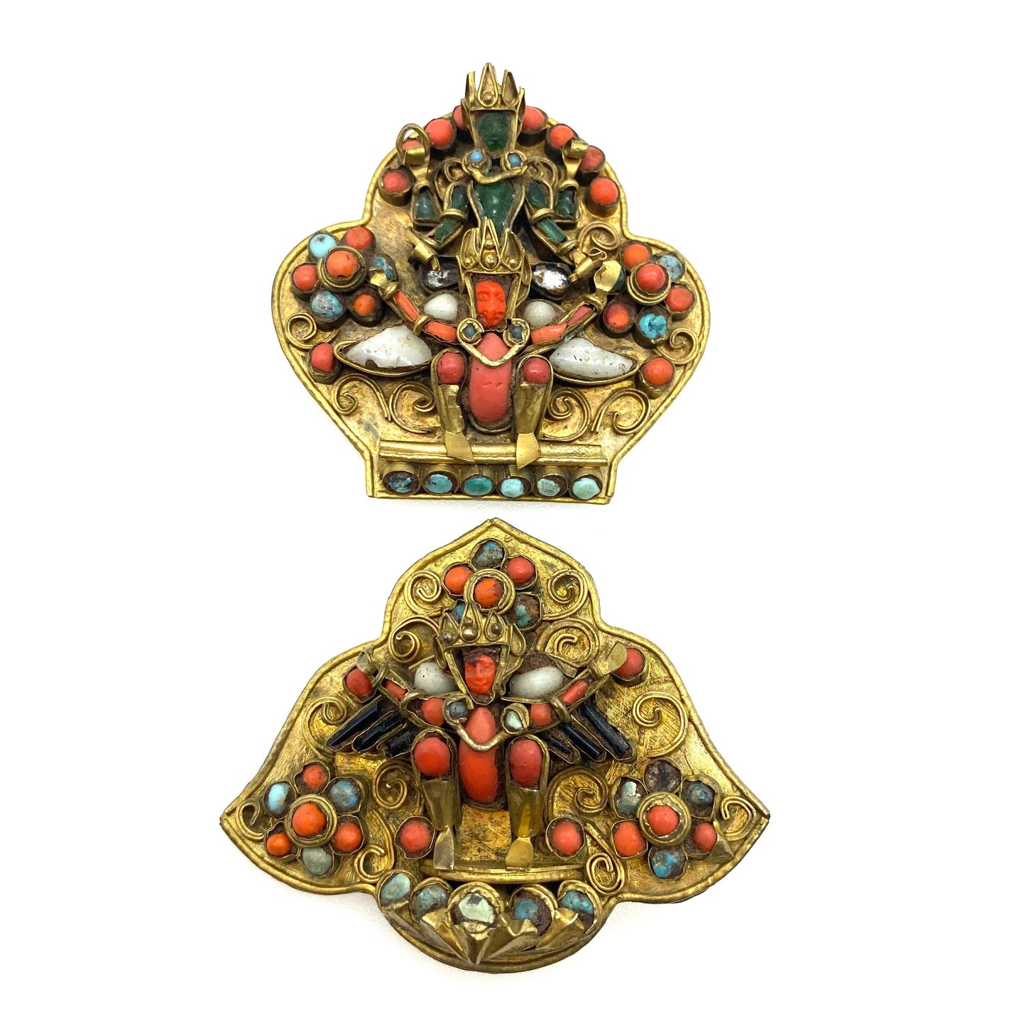 A Pair of Signed Antique Hand Crafted Inlaid Nepalese/Tibetan Brass Brooches