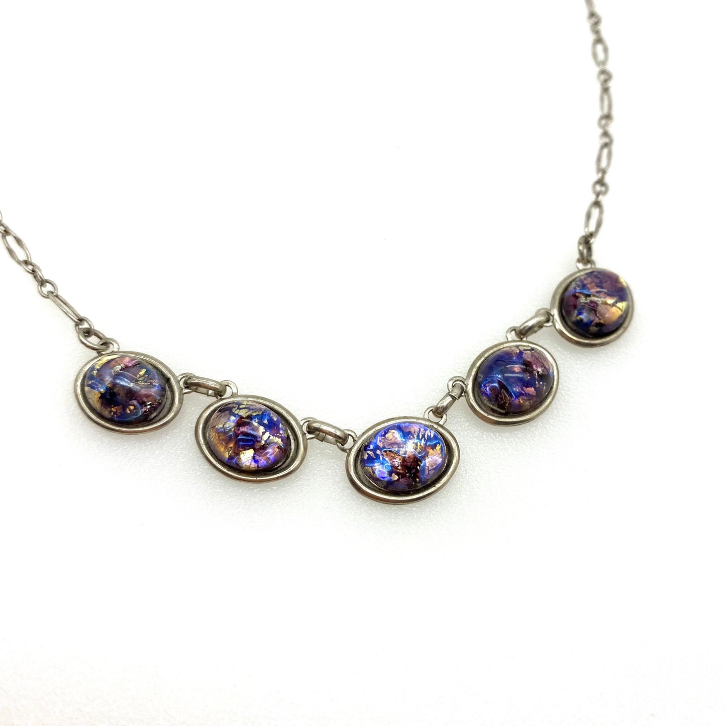 Signed 'OPLA 925' Silver Necklace with Five Art Glass Glass Cabochons