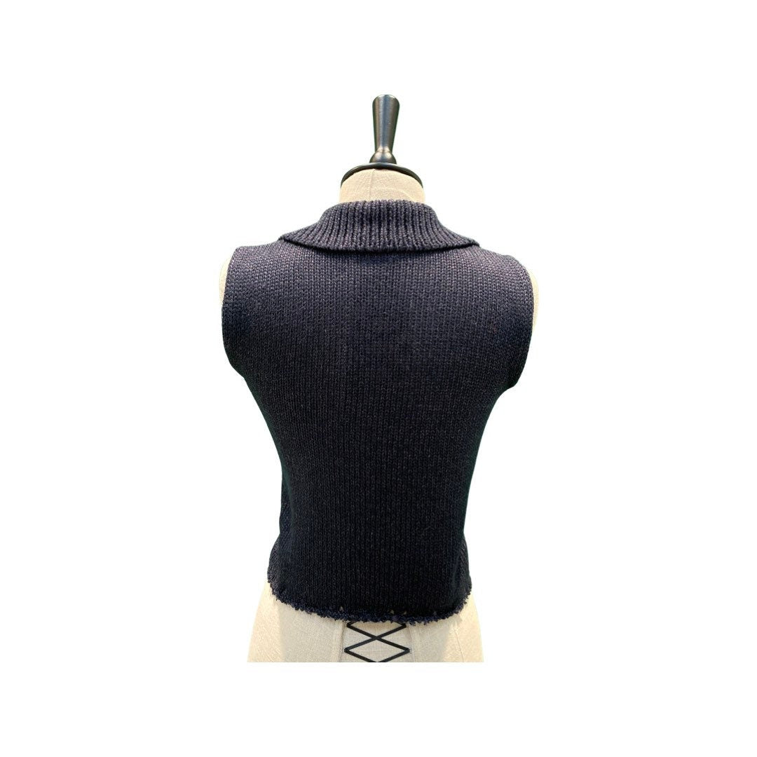 Chanel 2000 Transition Collection navy silk mix sleeveless top with single button to the wide collared neckline