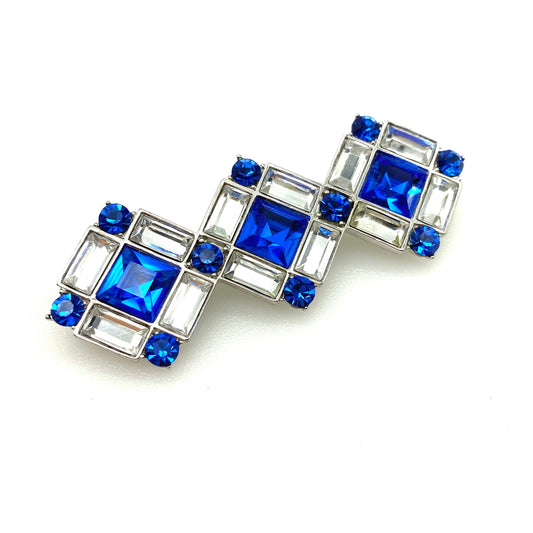 Yves Saint Laurent Grande broche barre géométrique bleu royal et cristal transparent