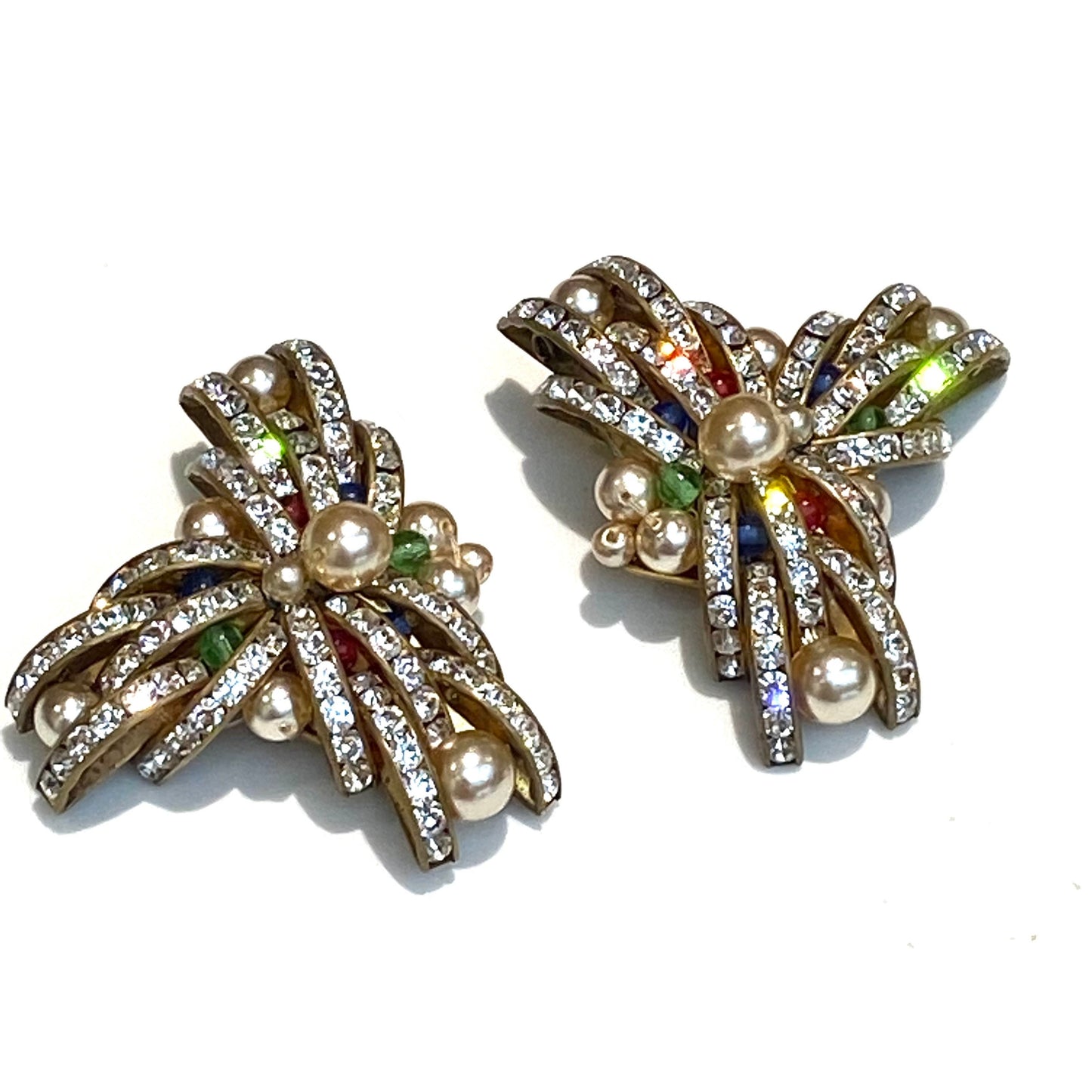Art Deco Huge Channel Set Crystal Clip On Earrings with Glass Beads and Faux Pearls