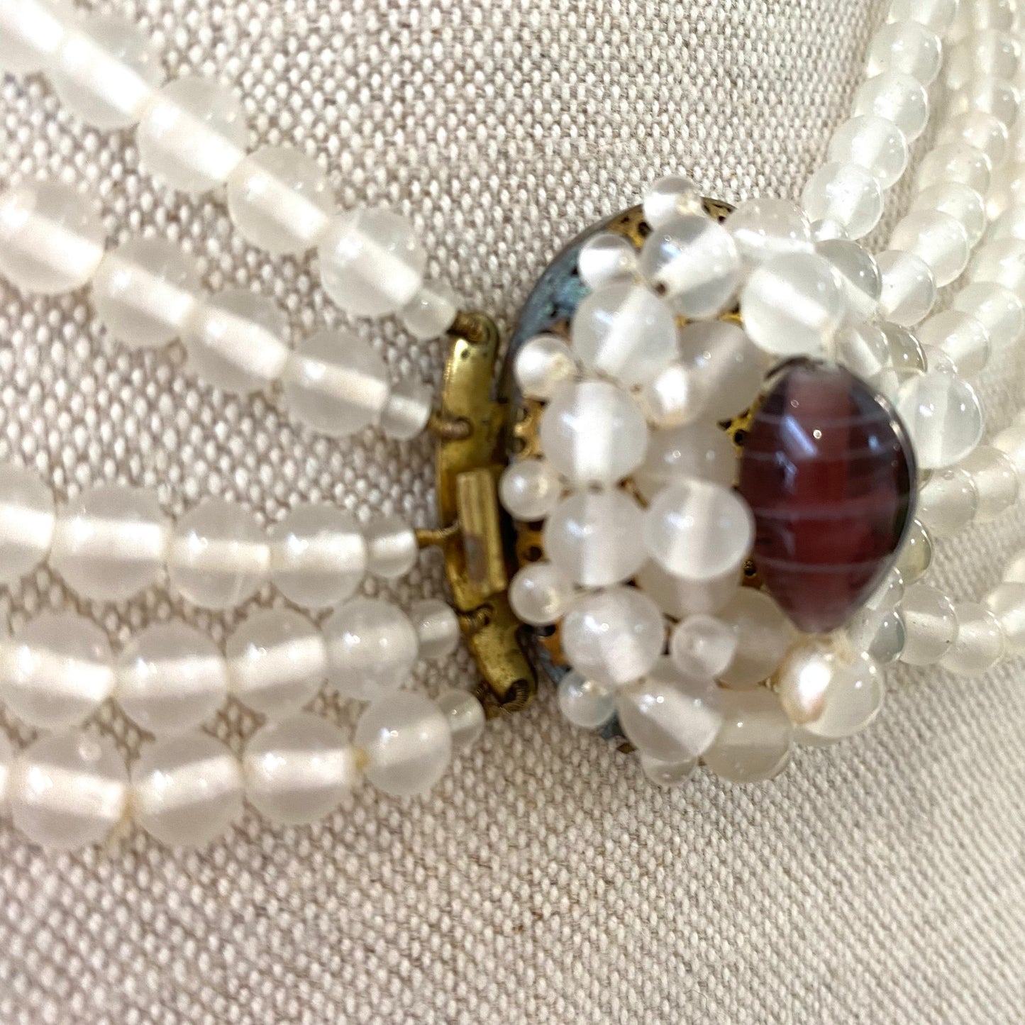 Unusual Five Strand Clear Glass Bead Necklace with Two Random Imitation Pearls and Art Glass Wired Filigree Double Clasp
