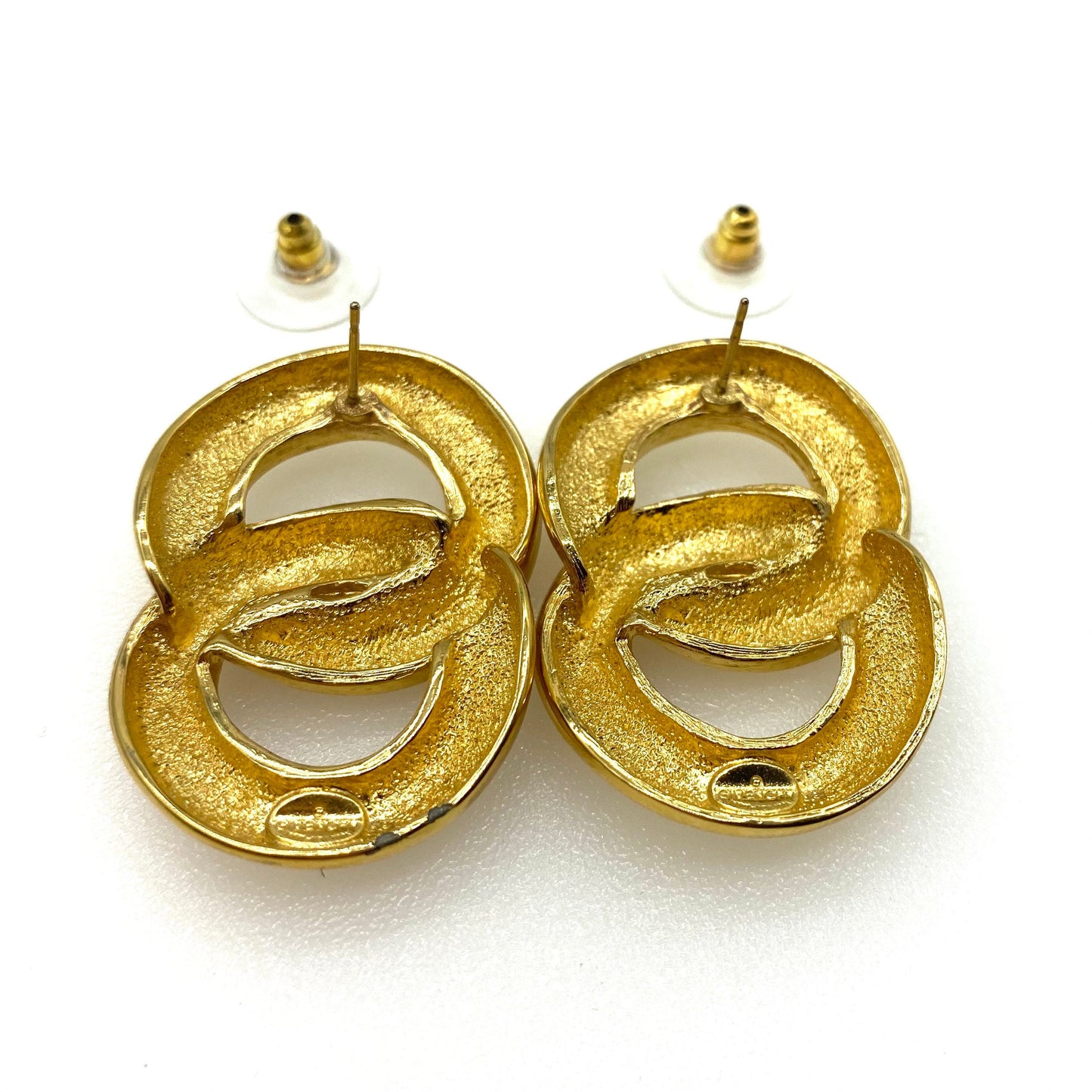 Givenchy Double Hoop Infinity Figure Eight Gold Plated Pierced Earrings with Brand New Gold Plated Comfort Push Backs