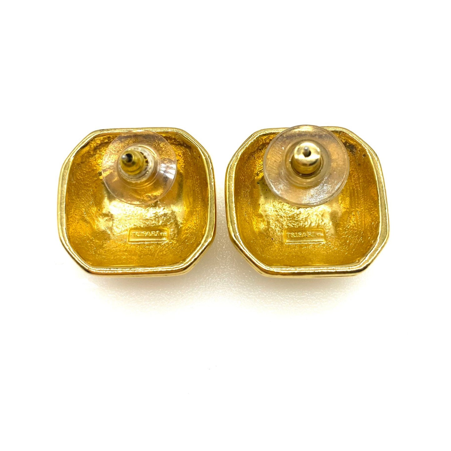 Trifari Ribbed Square Domed Pierced Earrings with Original Backs
