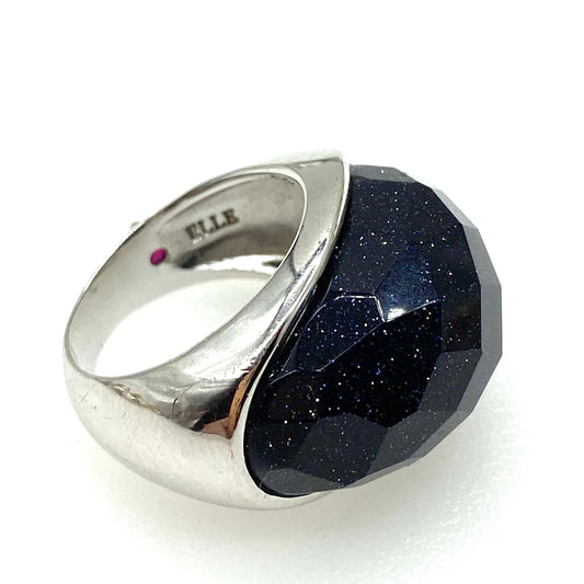 ELLE 925 Silver Rhodium Plated Faceted Purple Goldstone Ring with Ruby Trademark