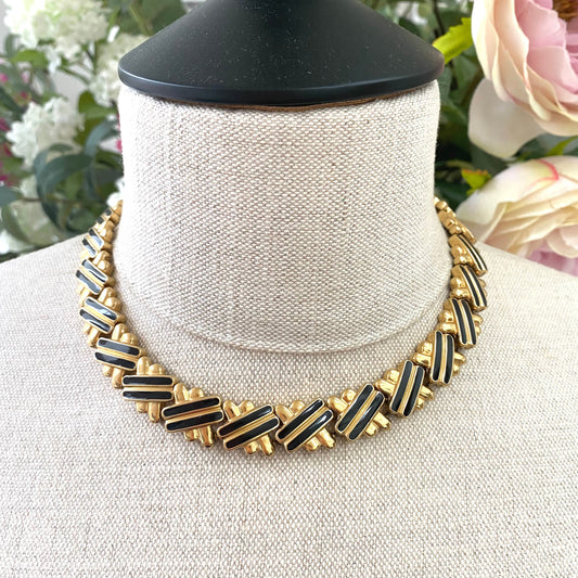 Monet Criss Cross Black Enamel Gold Plated Necklace