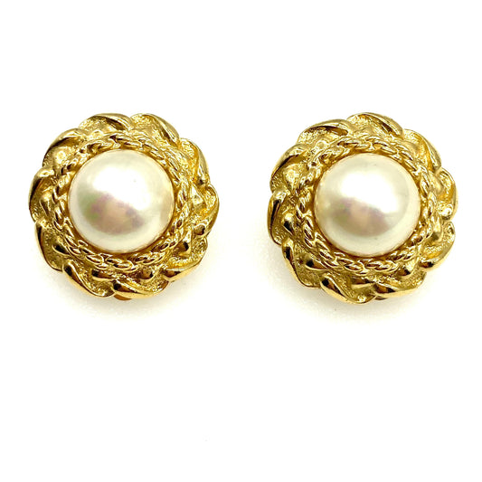 Christian Dior Germany Gold Plated Round Glass Pearl Clip On Earrings