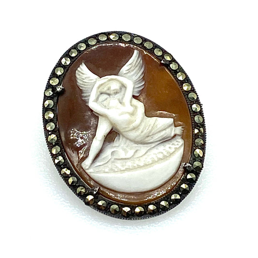 Cupid and Psyche European 800 Continental Silver Marcasite Shell Cameo Pendant/Brooch