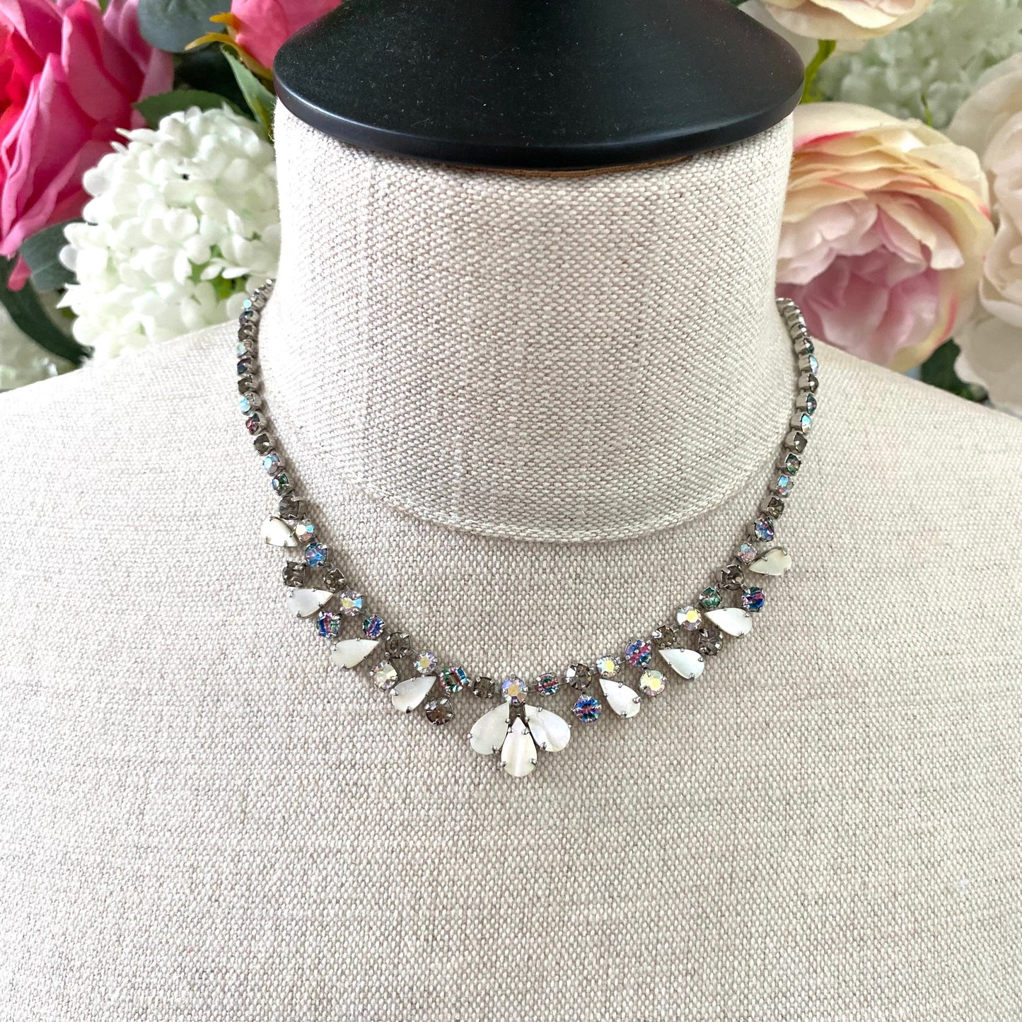 Mother of Pearl AB Rhinestone and Iris Glass Necklace
