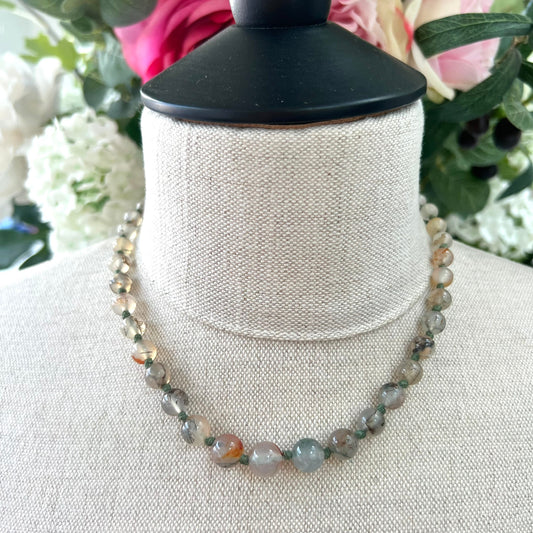 Moss Agate 1940's Graduated Hand Knotted Necklace