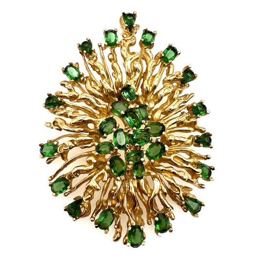 Panetta Huge Brutalist Gold Plated Pendant/Brooch with Green Crystals