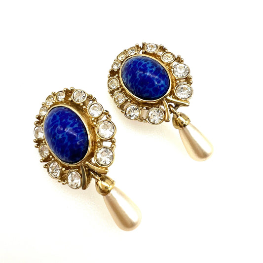 CIRO Gold Plated Lapis Lazuli Effect, Crystal and Faux Pearl Dropper Clip On Earrings