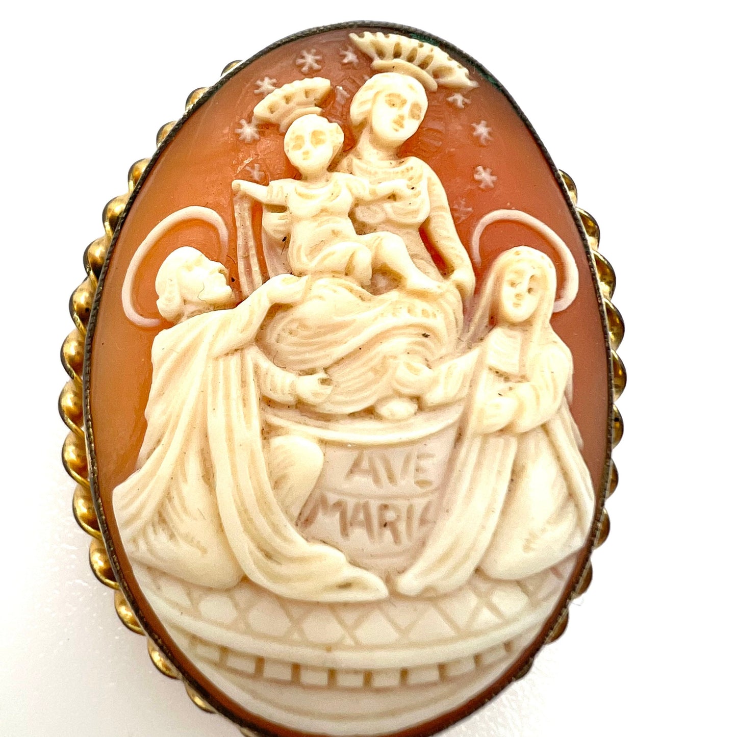 L.S. Peterson 12K Gold Filled Highly Detailed Our Lady of Mount Carmel Shell Cameo Brooch/Pendant
