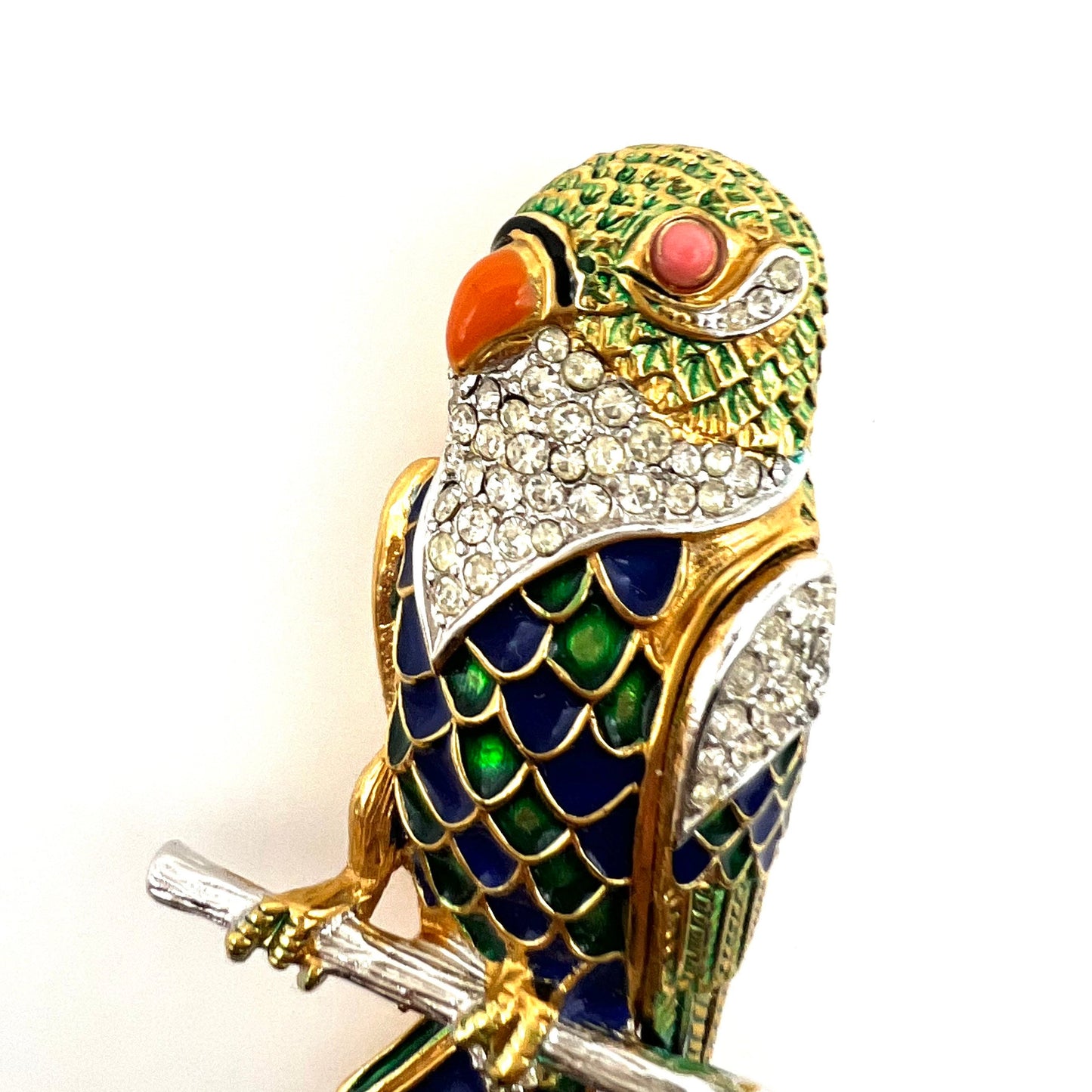 D'Orlan 22ct Gold Plated Enamel and Crystal Parrot/Parakeet Brooch