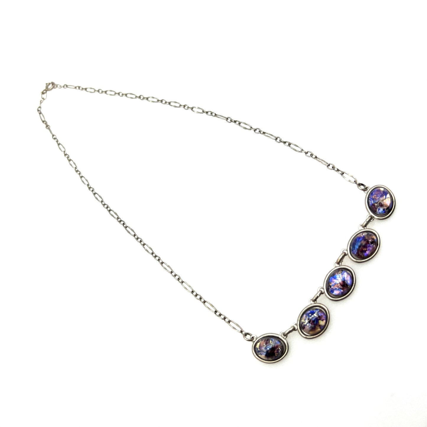 Signed 'OPLA 925' Silver Necklace with Five Art Glass Glass Cabochons