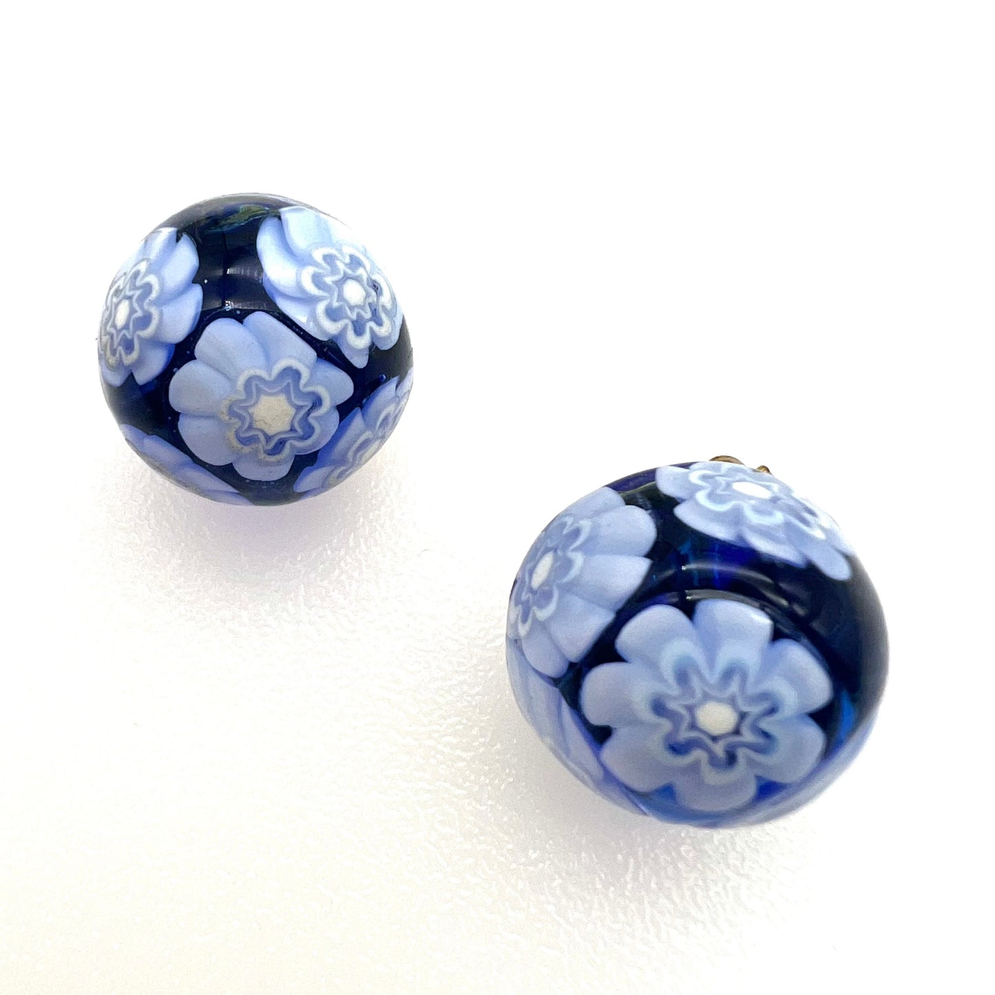 Blue and White Domed Millefiori Glass Clip On Earrings