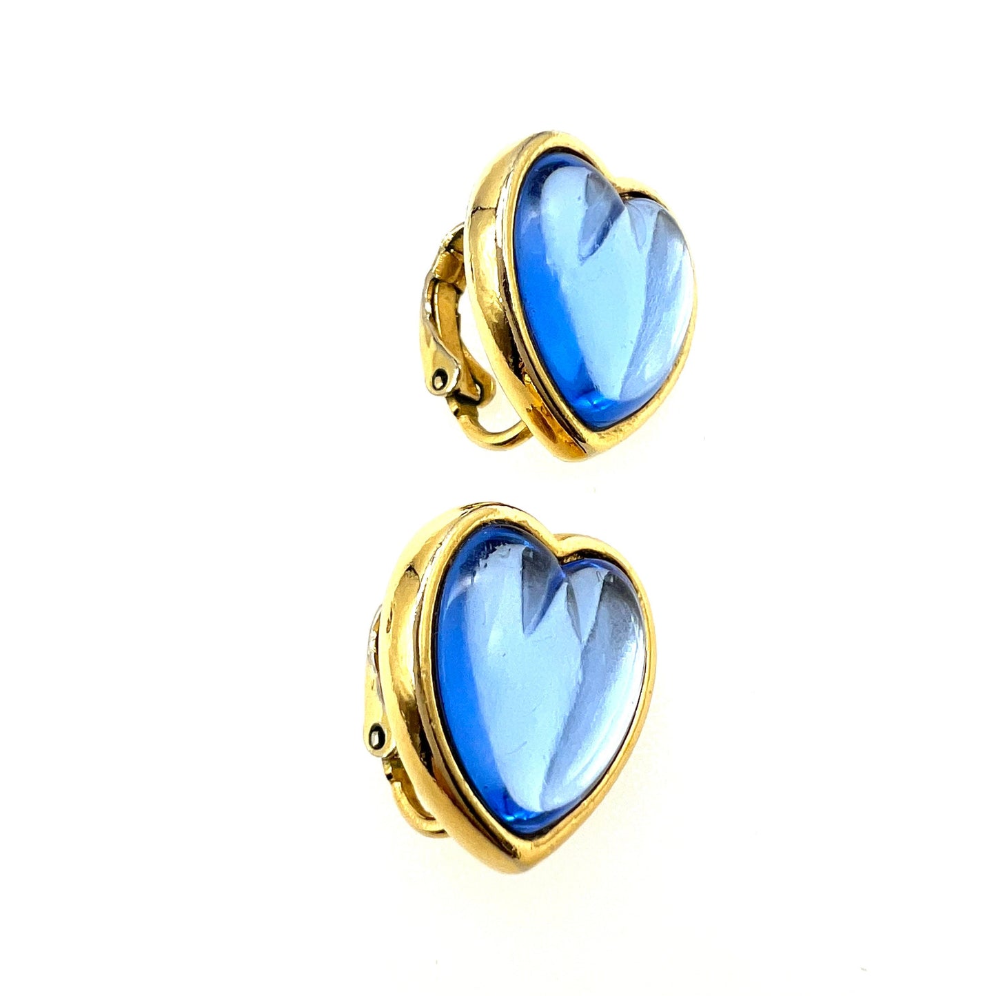 Unsigned Blue Glass Heart Clip On Earrings
