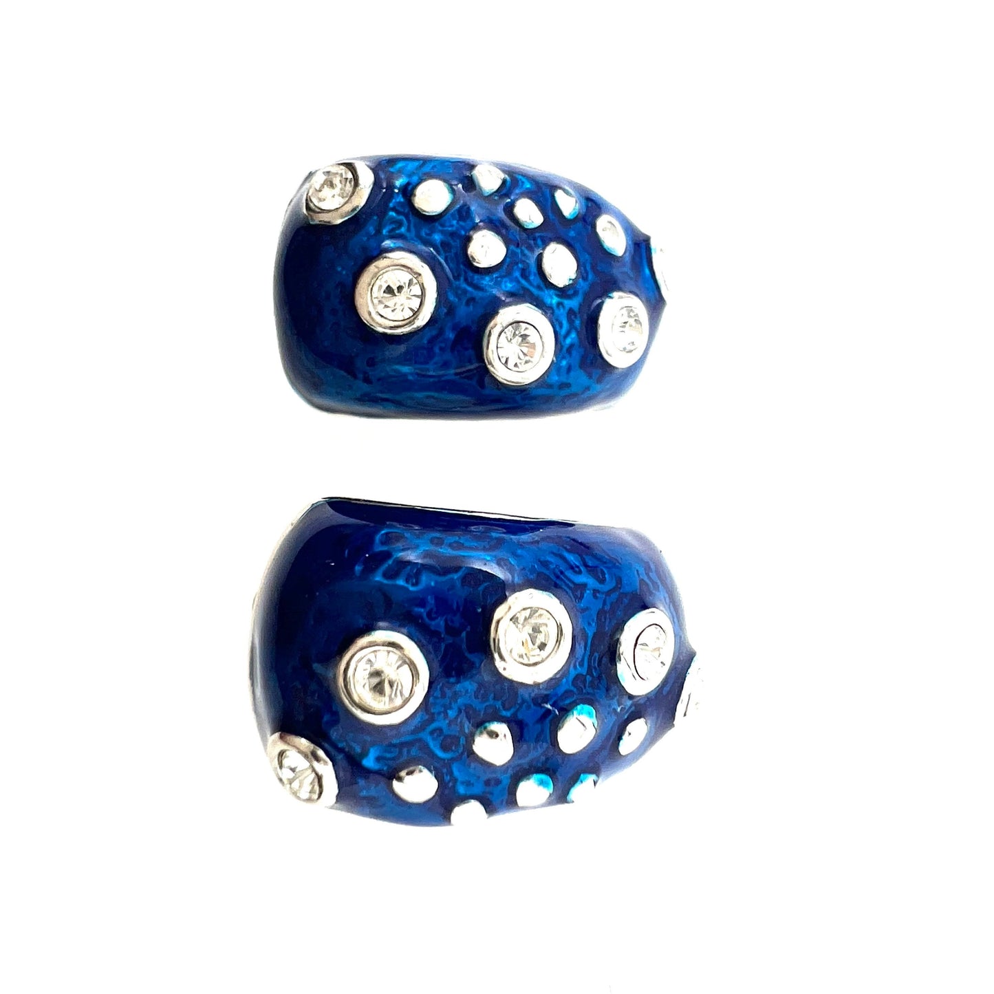 Unsigned Half Hoop Wide Blue Enamel Clip On Earrings