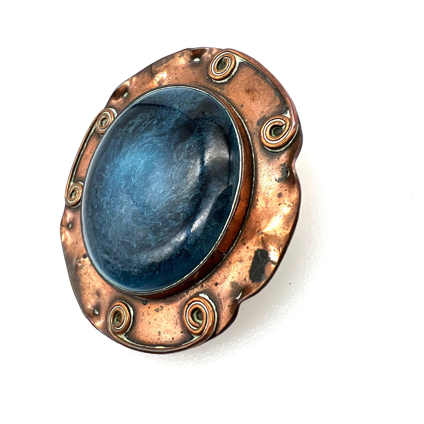 Antique Arts and Crafts Blue Flambe Roundel Copper Brooch