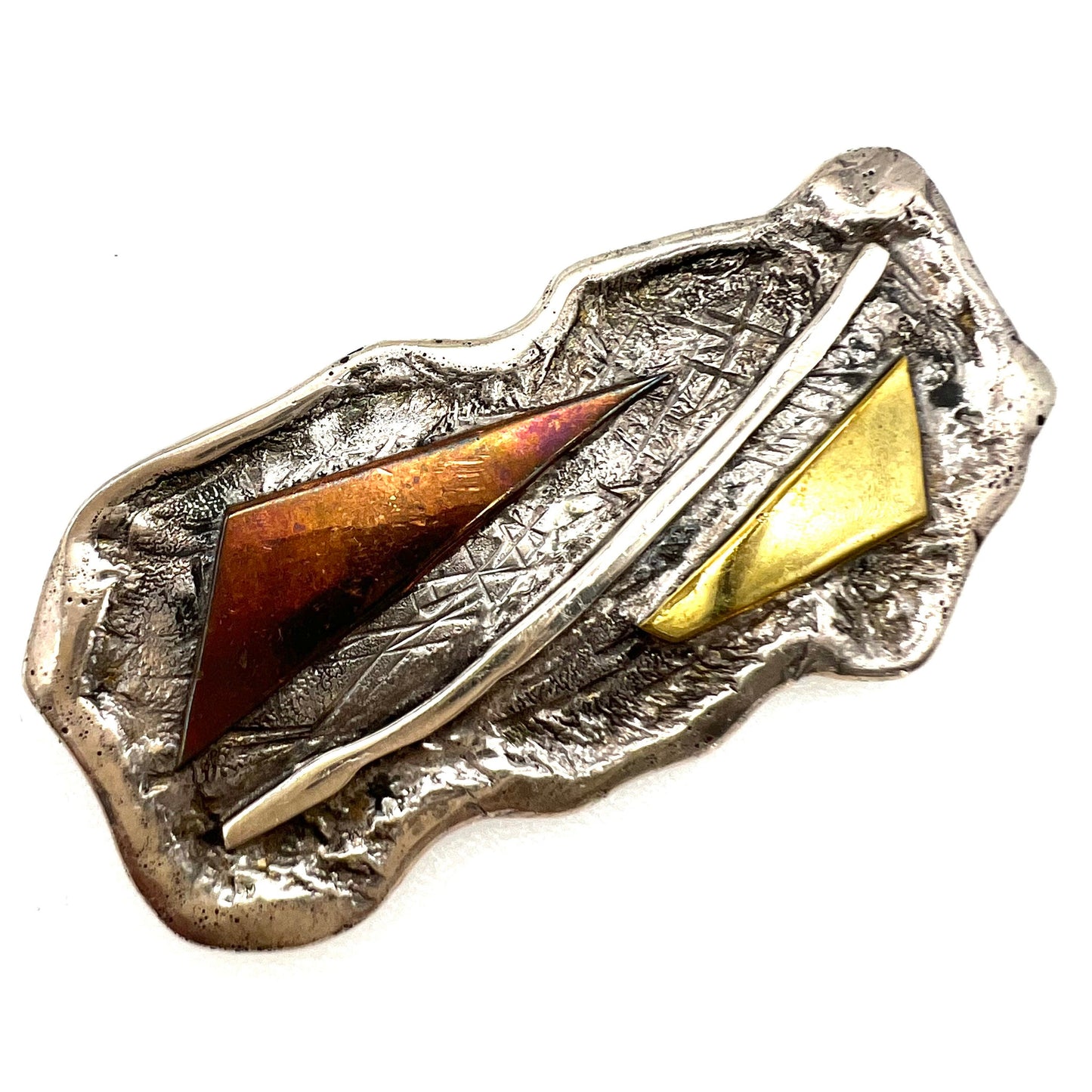 Iceland 925s Silver Free Form Brooch with Geometric Accents in Copper and Gold