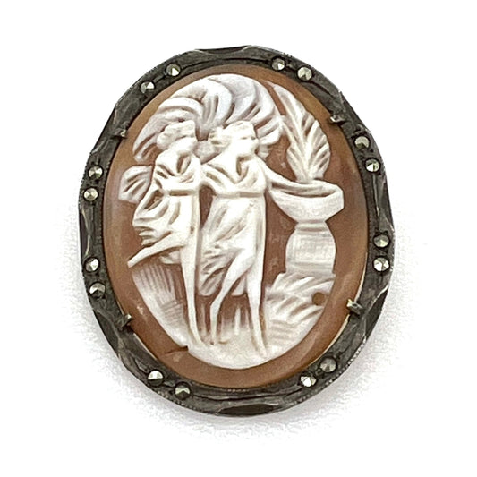 Continental 1930's Silver (800) Shell Cameo Brooch / Pendant with Marcasite