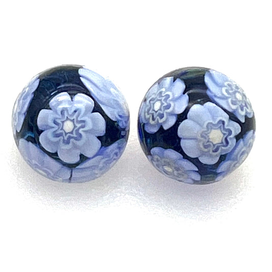 Vintage Blue and White Domed Millefiori Glass Clip On Earrings