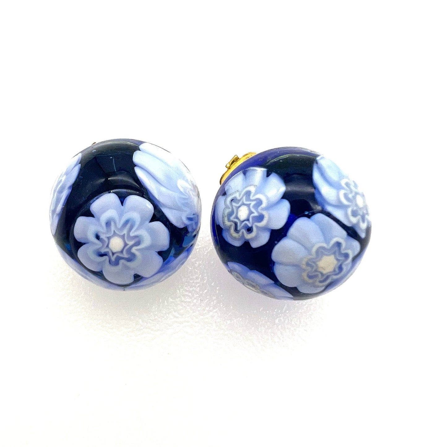 Blue and White Domed Millefiori Glass Clip On Earrings