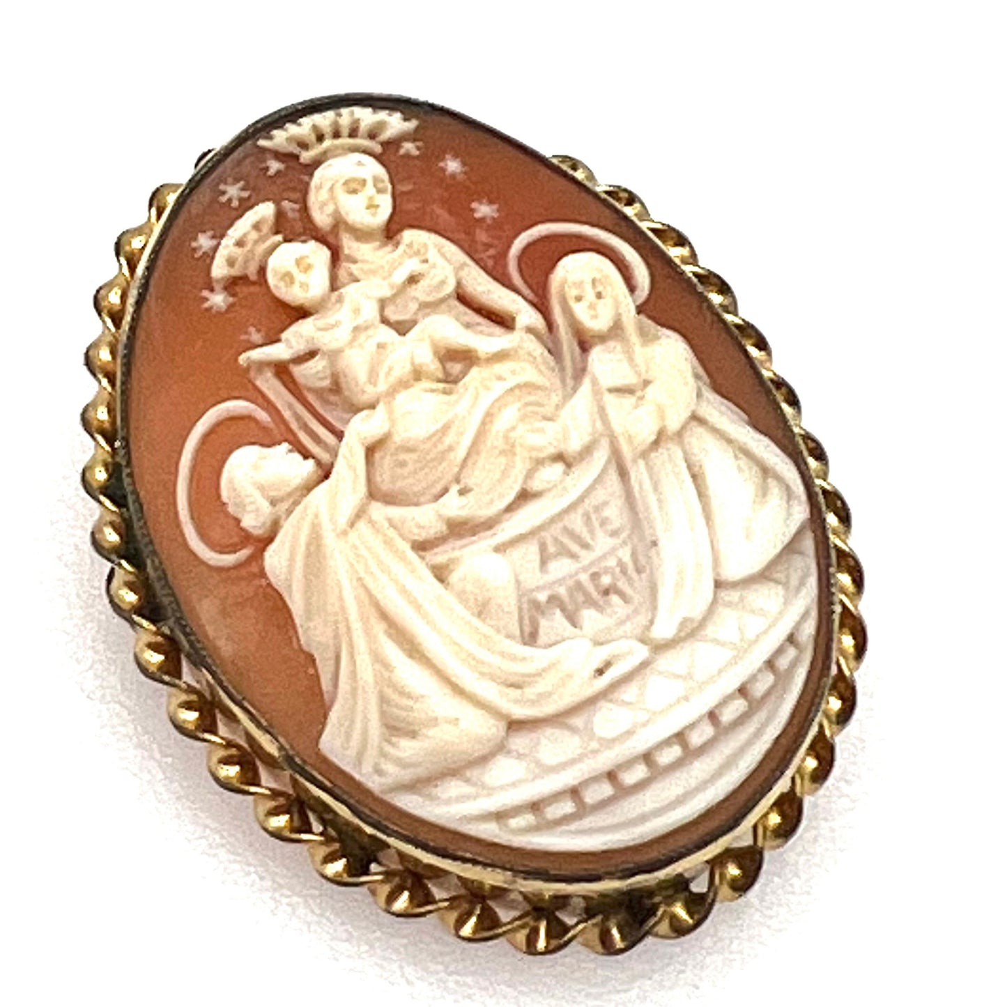 L.S. Peterson 12K Gold Filled Highly Detailed Our Lady of Mount Carmel Shell Cameo Brooch/Pendant
