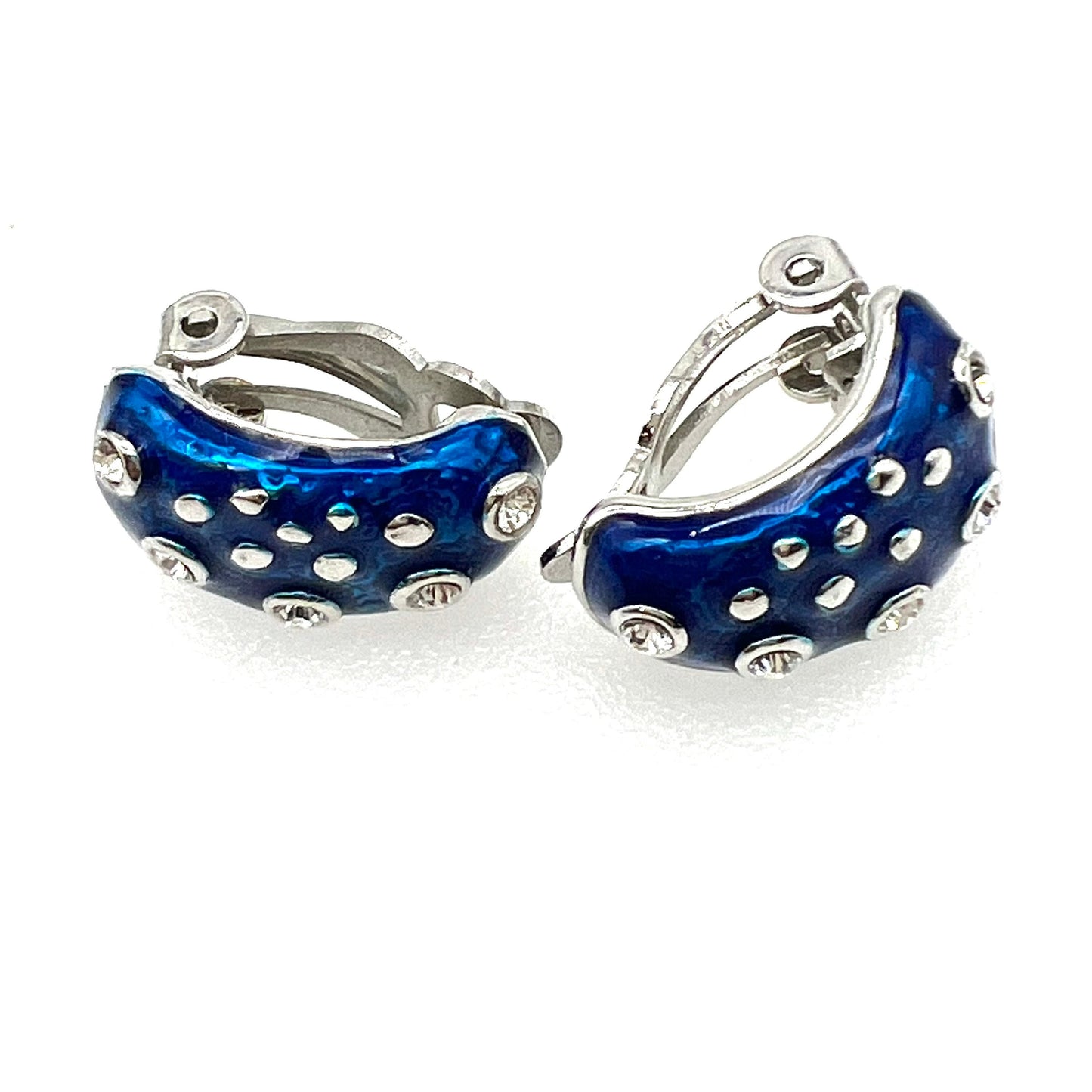 Unsigned Half Hoop Wide Blue Enamel Clip On Earrings