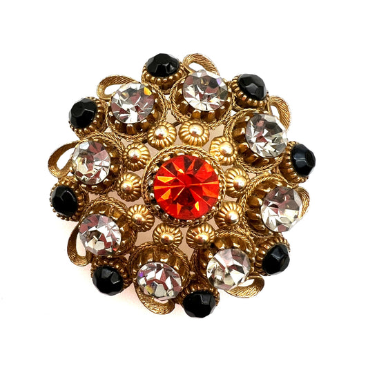 Sphinx Large Domed Rhinestone Cannetille Brooch
