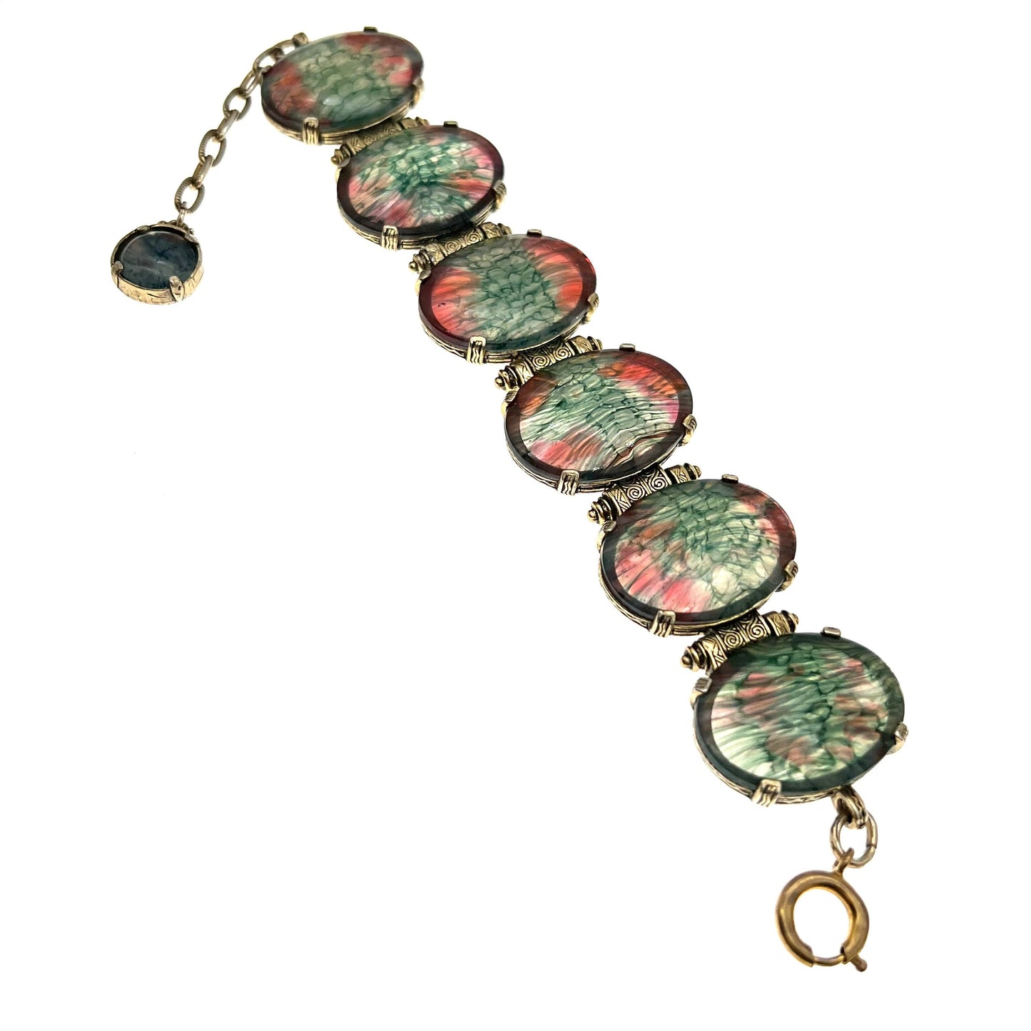 Miracle Art Nouveau Pink and Green Art Glass Cabochon Bracelet