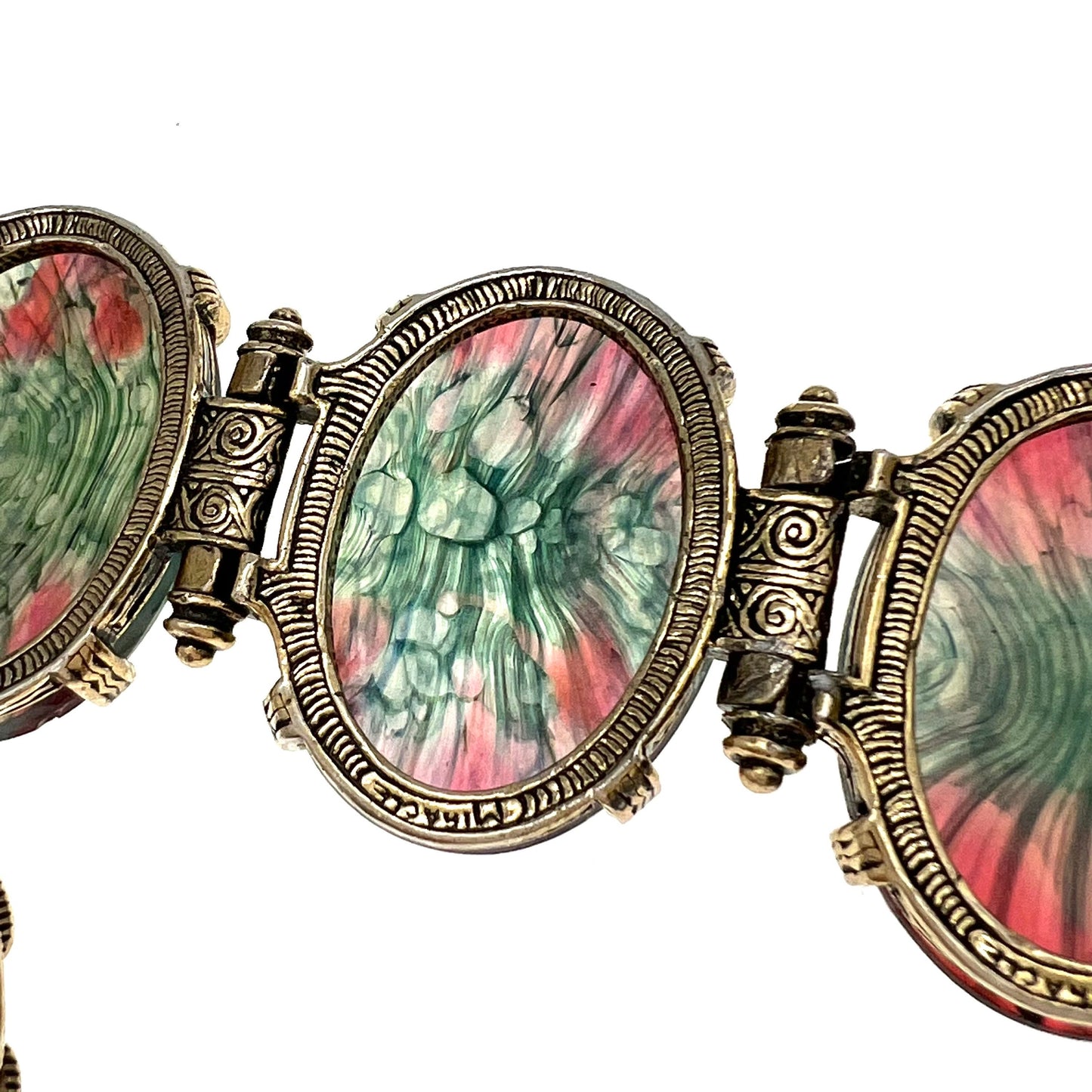 Miracle Art Nouveau Pink and Green Art Glass Cabochon Bracelet