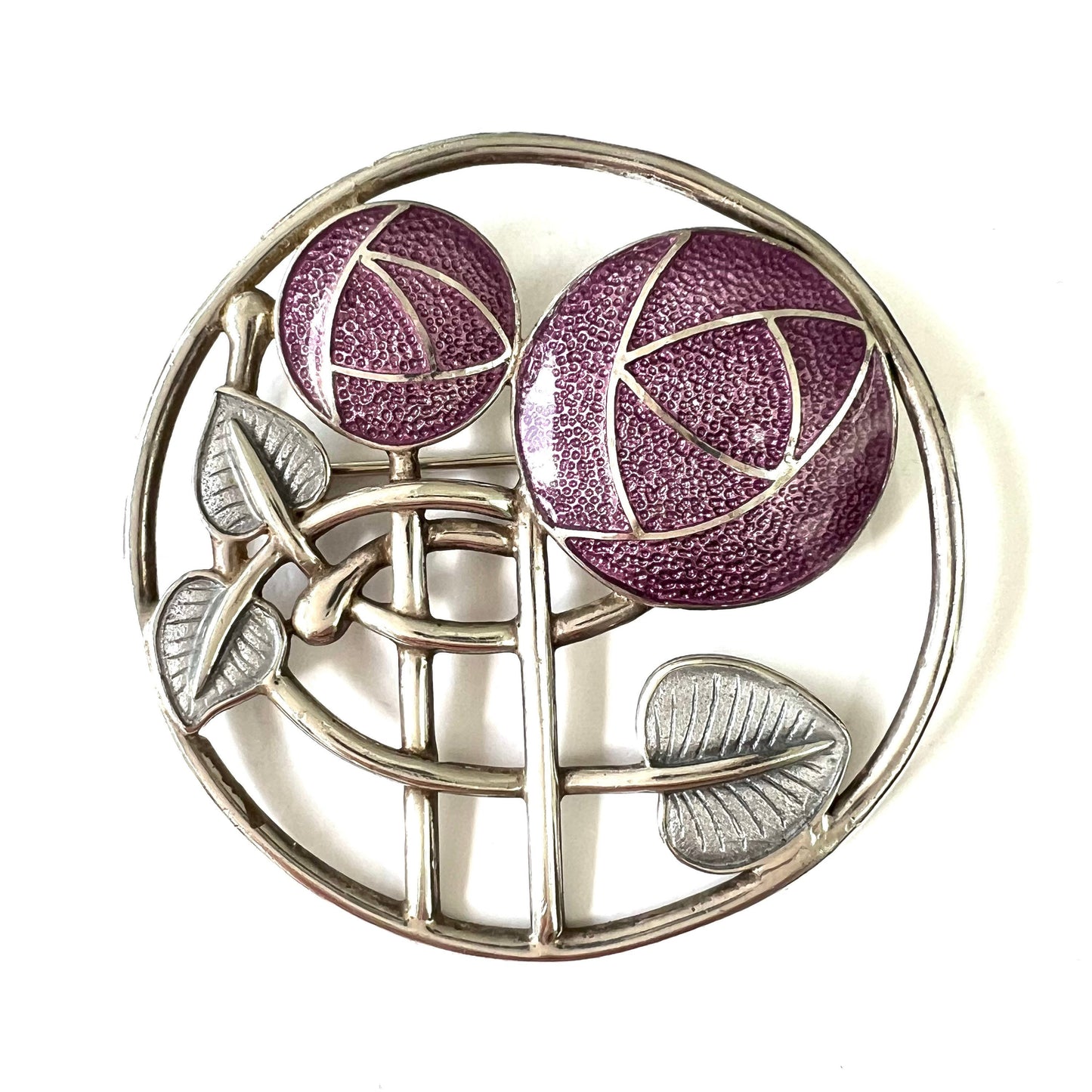 Fish Enterprises 925 Silver Mackintosh Inspired Silver and Purple Enamelled Open Work Brooch (from the year 2000)