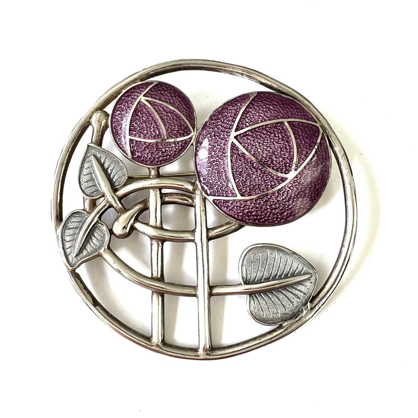 Fish Enterprises 925 Silver Mackintosh Inspired Silver and Purple Enamelled Open Work Brooch (from the year 2000)
