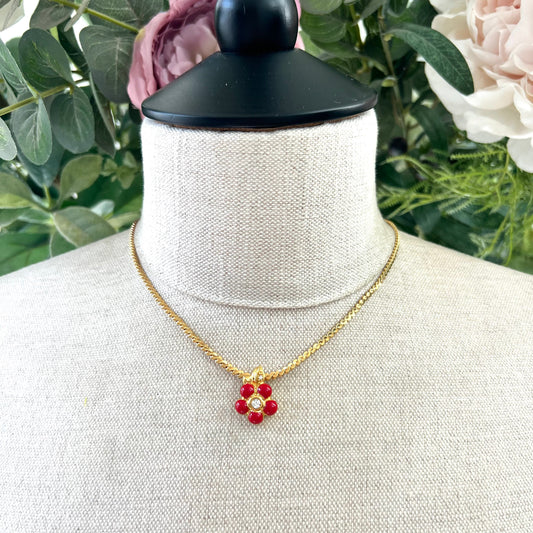 Christian Dior Gold Plated Red Enamel and Swarovski Crystal Flower Pendant Necklace