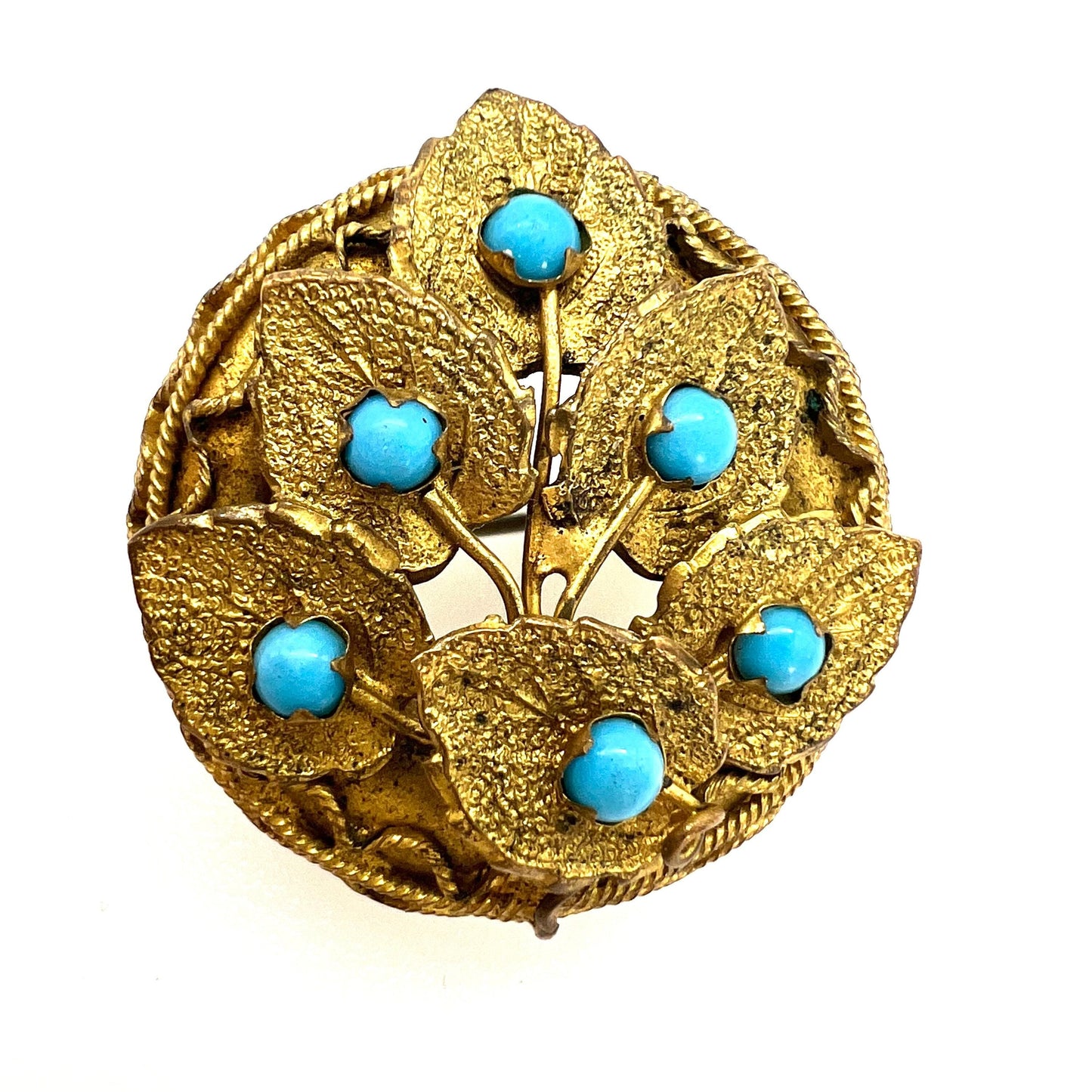 Antique Victorian Etruscan Revival Faux Turquoise and Leaf Gold Tone Brooch