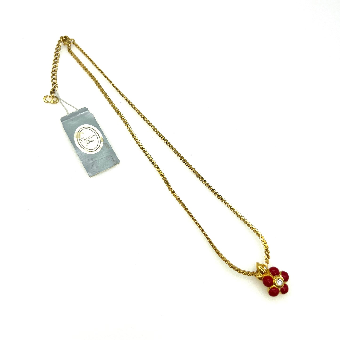 Christian Dior Gold Plated Red Enamel and Swarovski Crystal Flower Pendant Necklace