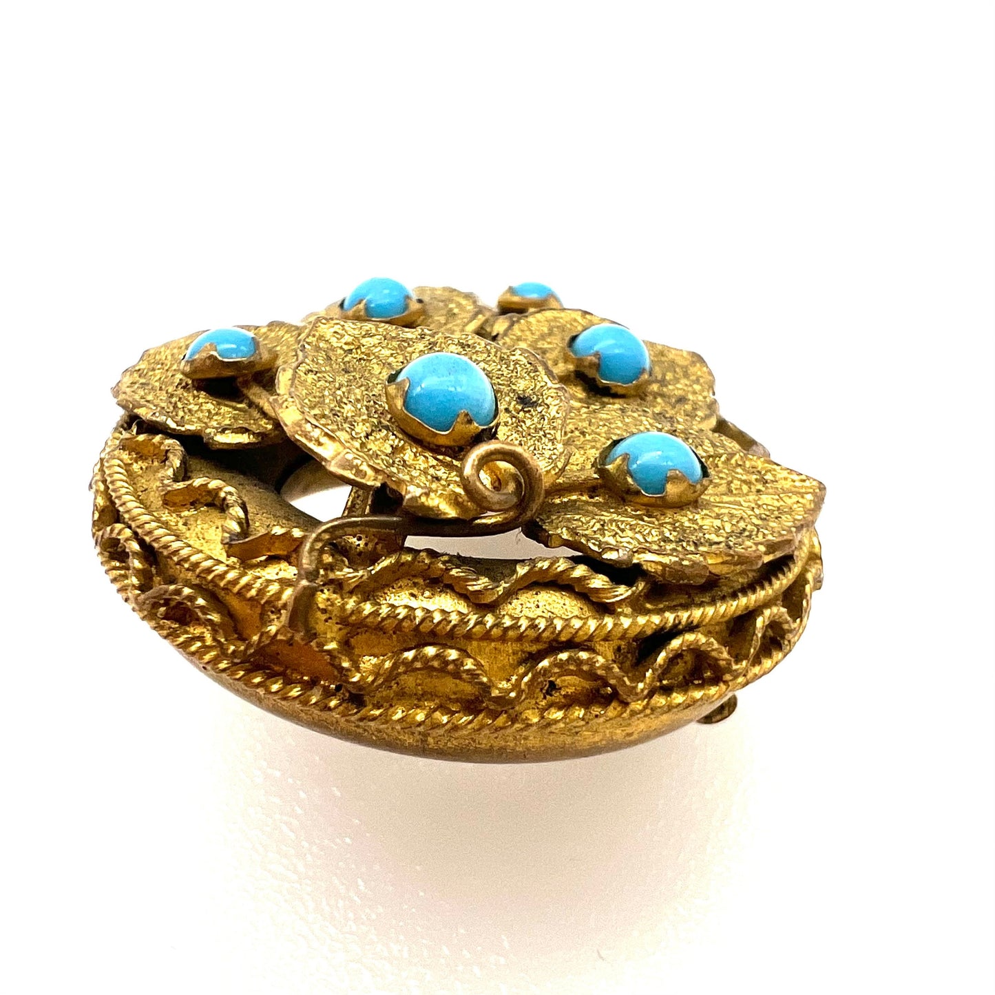 Antique Victorian Etruscan Revival Faux Turquoise and Leaf Gold Tone Brooch