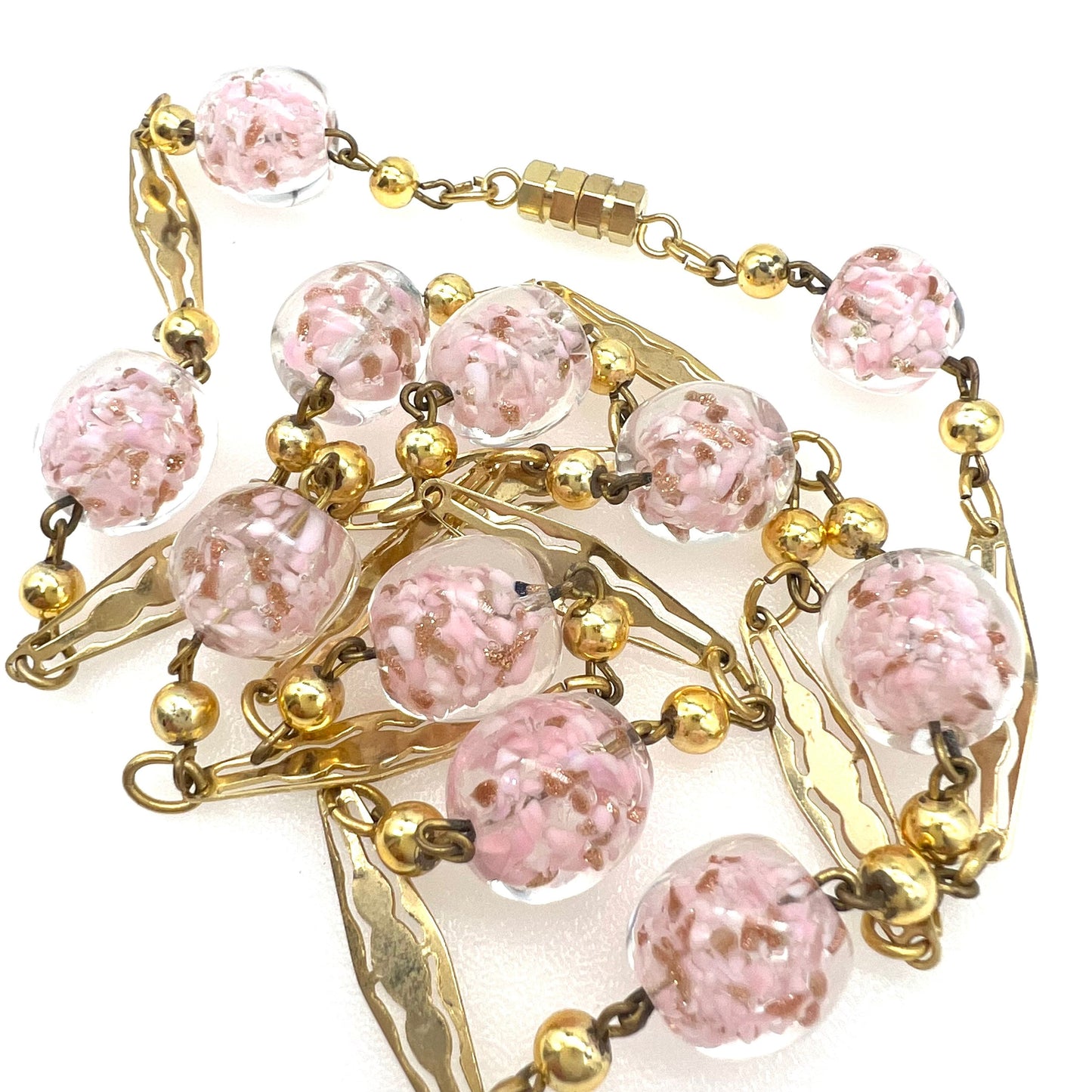 Venetian Hand Blown Sommerso Pink Beaded Necklace