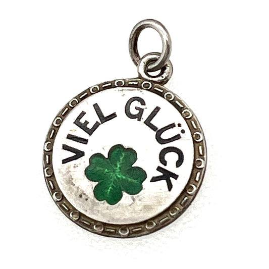 German 900 Silver Viel Gluck Green Enamel Four Leaf Clover Charm