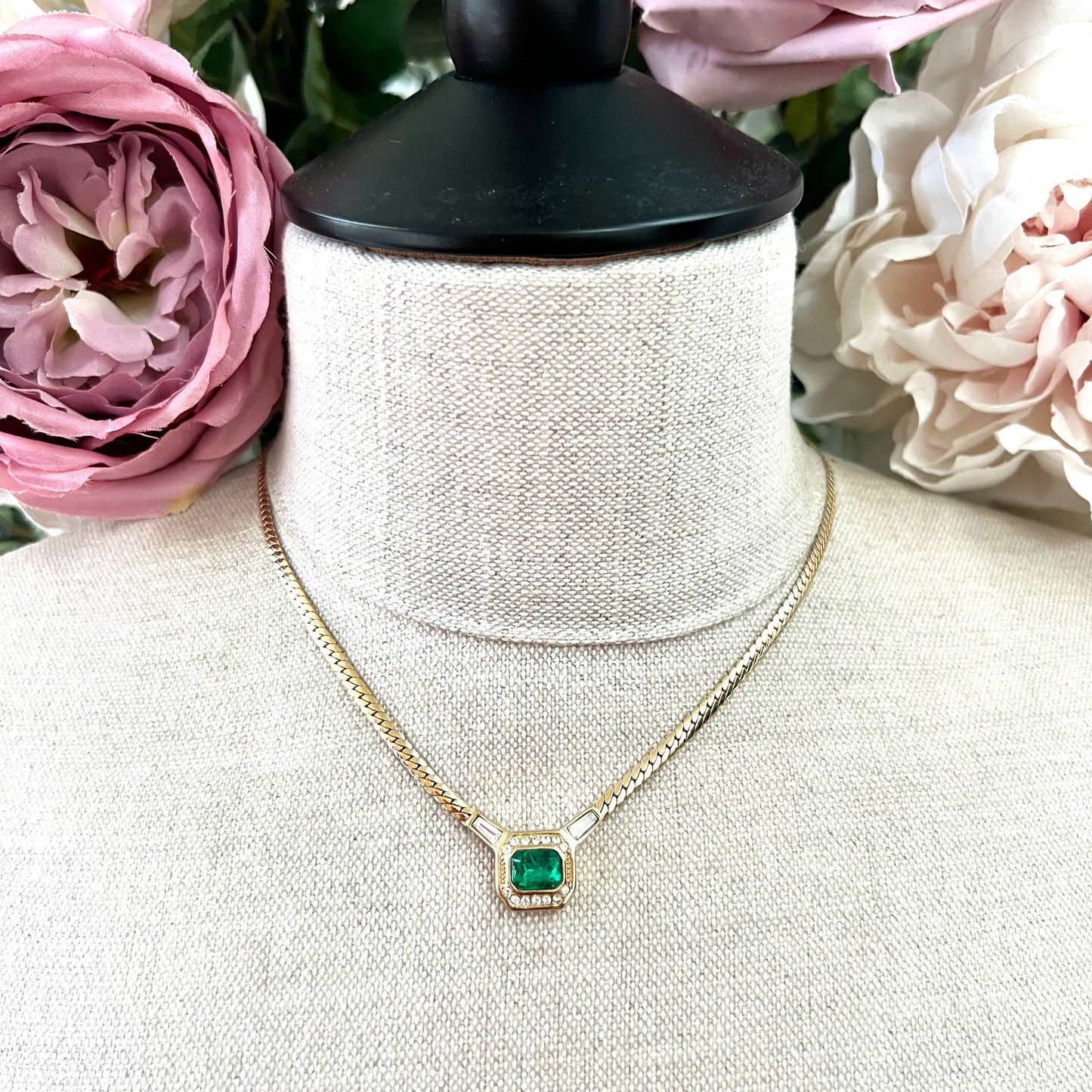 Christian Dior Germany 22ct Gold Plated Flawed Emerald and Crystal Integral Pendant Necklace In Original Box with Original Tag