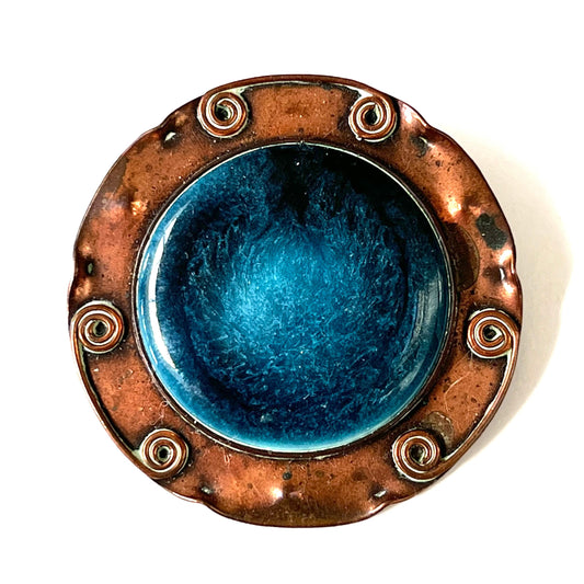 Antique Arts and Crafts Blue Flambe Roundel Copper Brooch