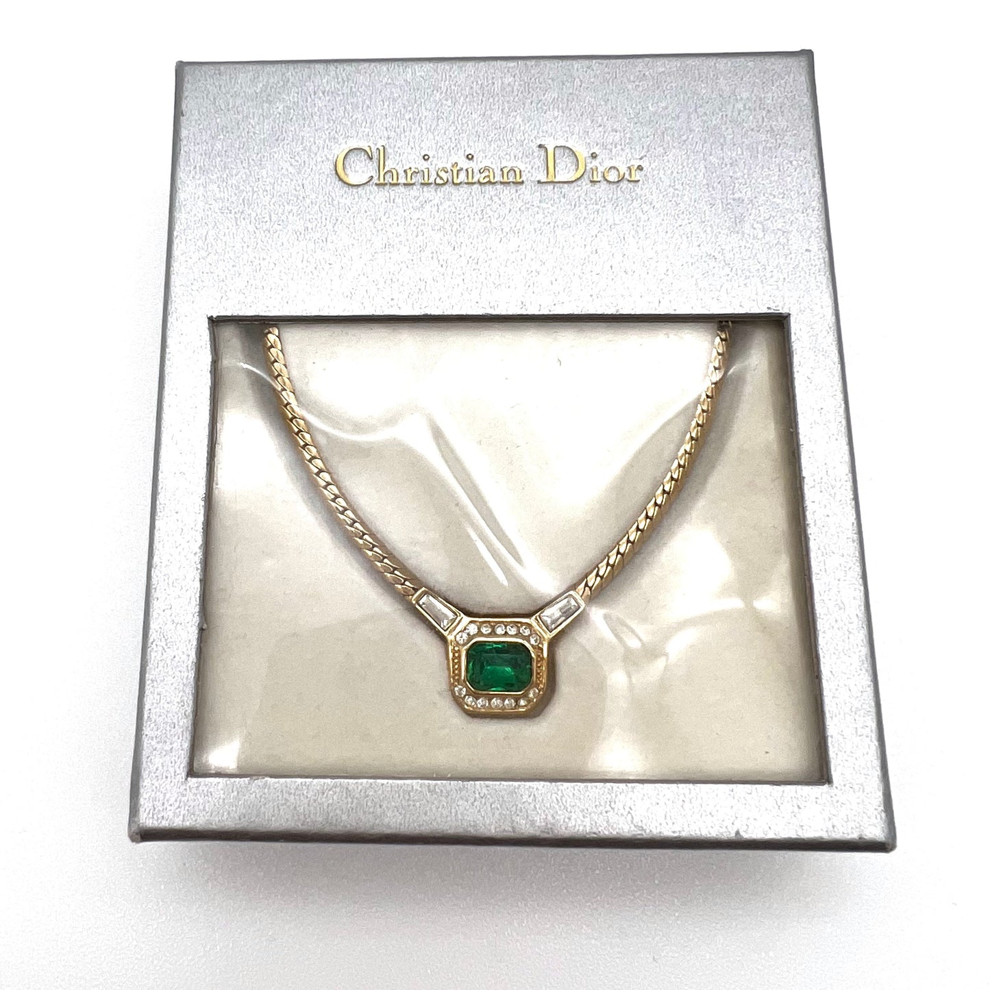 Christian Dior Germany 22ct Gold Plated Flawed Emerald and Crystal Integral Pendant Necklace In Original Box with Original Tag