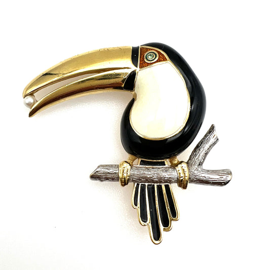 Grosse Black and White Enamel Toucan with Pearl Brooch