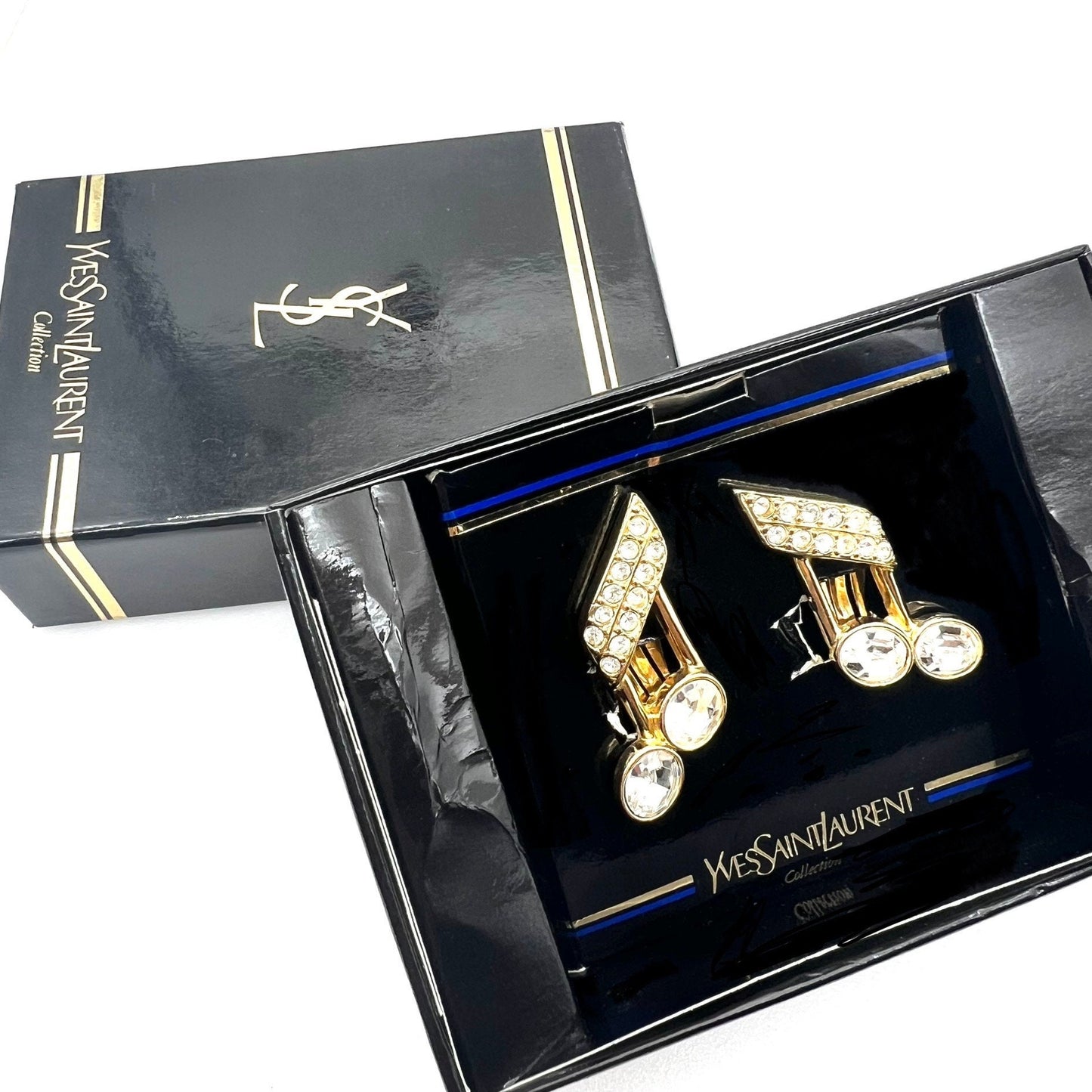 Large Yves Saint Laurent 1980's Robert Goossens Gold Plated and Crystal Semiquaver (Musical Note) Clip On Earrings in Original Box